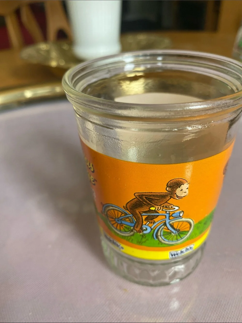 Vintage Welch’s Curious George Glass jelly Jar/ juice glass with Orange Label